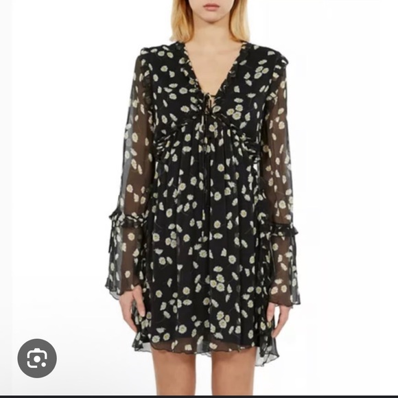 The Kooples NWT 100% Silk Black Daisy Long Sleeve Dress | FR 0 = US 2 - Picture 2 of 13